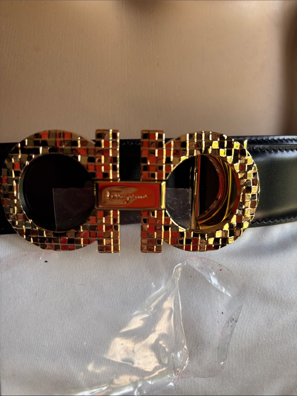 Salvatore Ferragamo Black Leather Belt with Gold Mosaic Gancini Buckle
